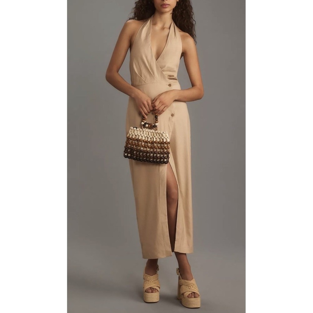Anthropologie Linen Blend Halter Midi Dress S Beige Button Front Resort Neutral